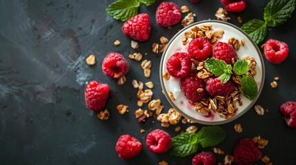 sweet dessert with granola, fresh raspberries and fruit yoghurt, top view