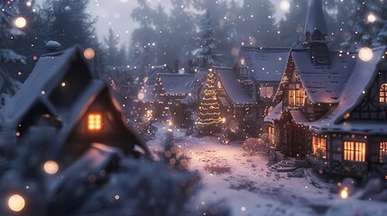 A cozy scene of a snowy village, with a defocused backdrop of softly glowing particles