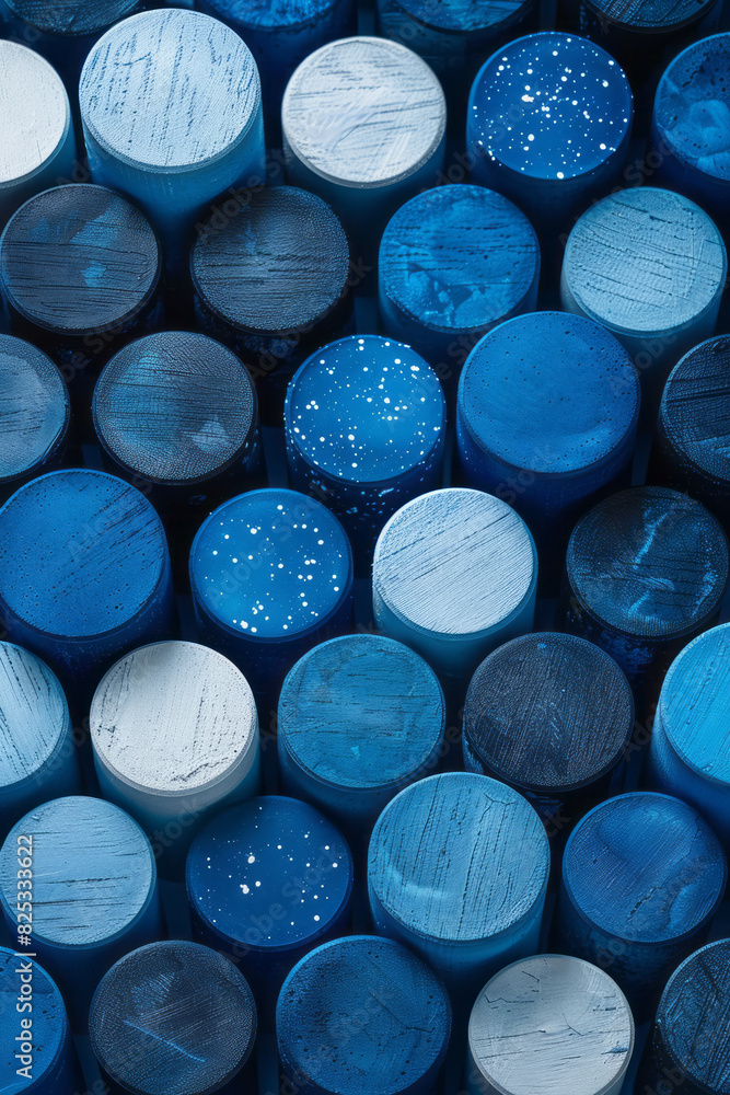 Poster isometric abstract seamless pattern of blue and white cylindrical shapes arranged in a grid,