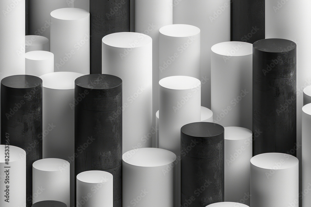 Poster minimalist isometric pattern featuring varying heights of gray cylinders on a light background,