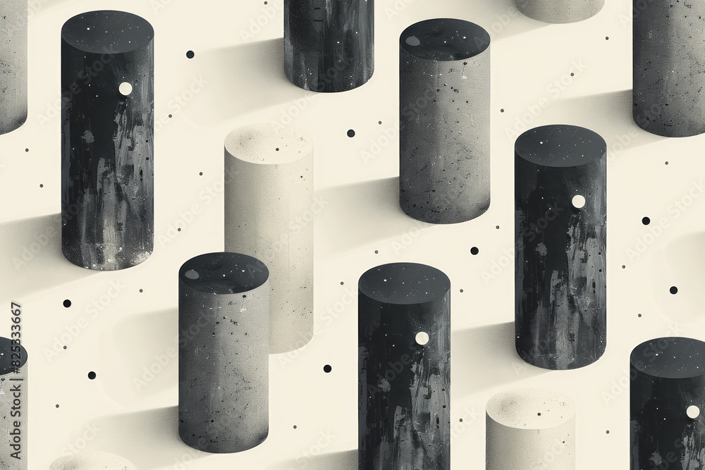 Poster minimalist isometric pattern featuring varying heights of gray cylinders on a light background,