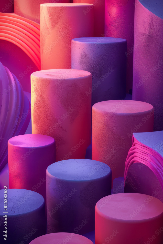 Poster abstract seamless pattern with pink and purple cylinders, creating a playful isometric design,