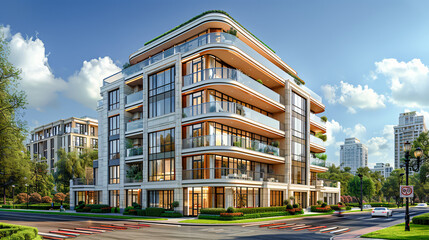 Obraz premium Contemporary Suburban Luxury: Elegant Residential Architecture in a Wealthy Urban Area with Curved Design Elements and Large Windows Wallpaper Digital Art Poster Brainstorming Map Magazine Background 