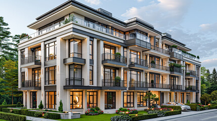 Fototapeta premium Contemporary Suburban Luxury: Elegant Residential Architecture in a Wealthy Urban Area with Curved Design Elements and Large Windows Wallpaper Digital Art Poster Brainstorming Map Magazine Background 