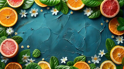   Blue background with oranges, grapefruits and daisies surrounded by leaves and flowers