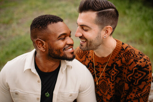 Closeup smiling LGBTQ+ engaged men
