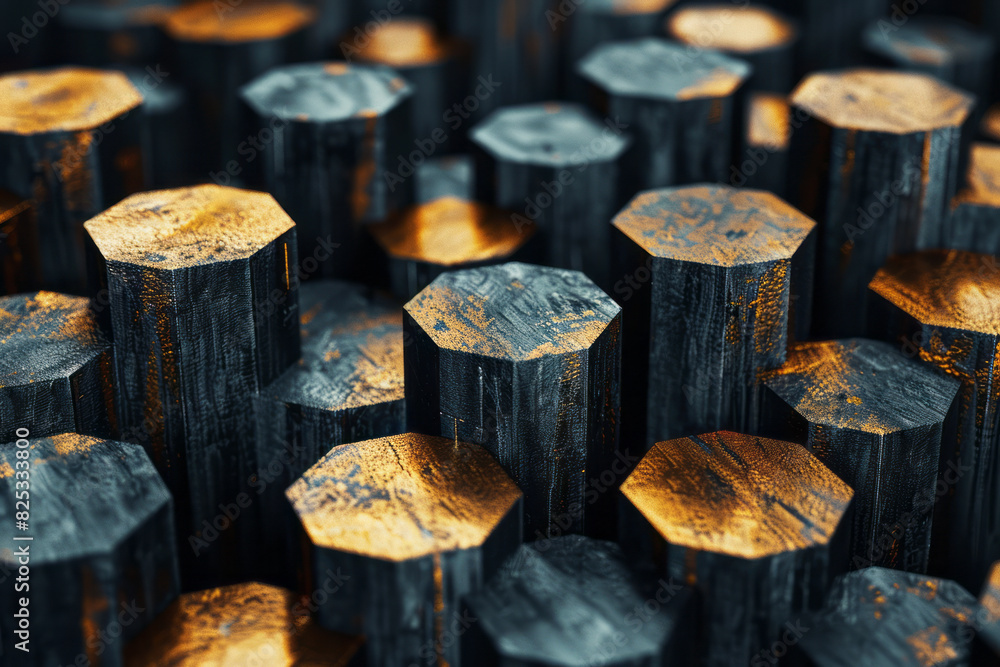 Aufkleber abstract isometric pattern with black and gold cylindrical shapes in a geometric arrangement,