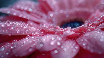   A zoomed-in picture of a pink blossom with water droplets on its petals and a focused core