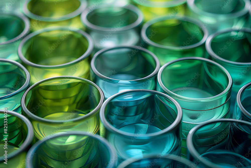 Poster isometric pattern of translucent cylinders with gradient shades of green and blue,