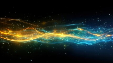 Fototapeta premium A vibrant blue-and-yellow abstract wallpaper featuring stars and swirls against a black backdrop, providing ample space for text