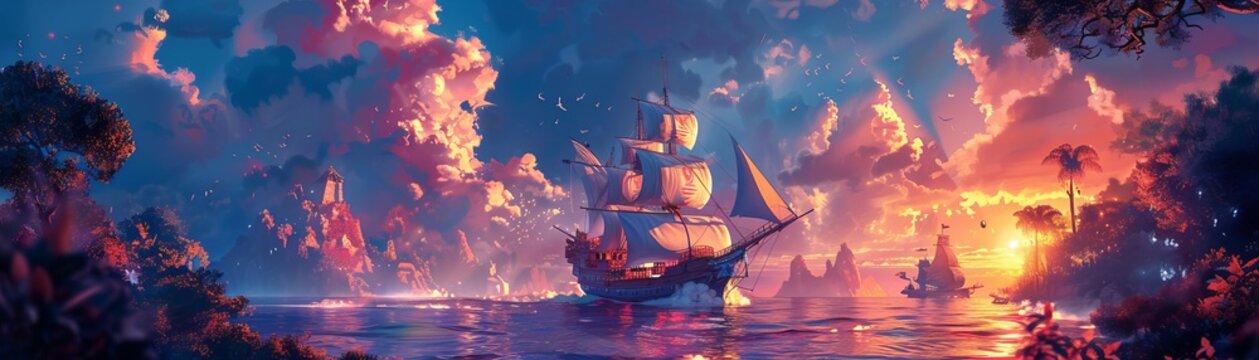 A storybook cover featuring a ship sailing through enchanted seas, adventure, digital painting, bold tones
