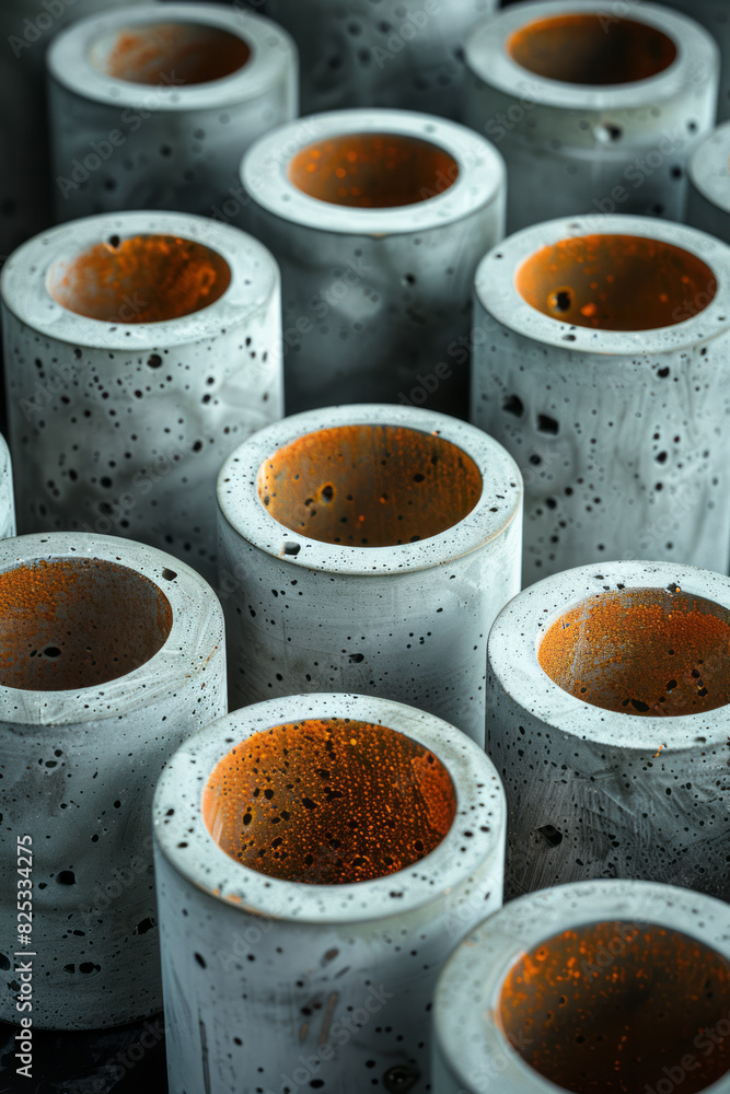 Poster Minimalist seamless pattern with white cylinders casting subtle shadows on a gray background,