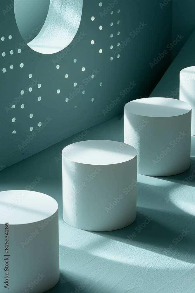 Poster Minimalist seamless pattern with white cylinders casting subtle shadows on a gray background,