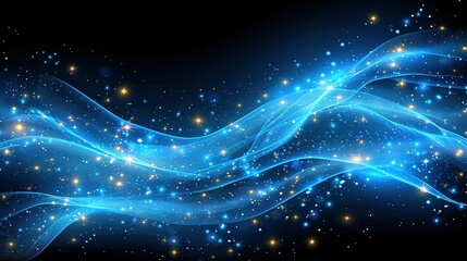 Obraz premium A blue abstract background with stars and swirls on a black background featuring text or images