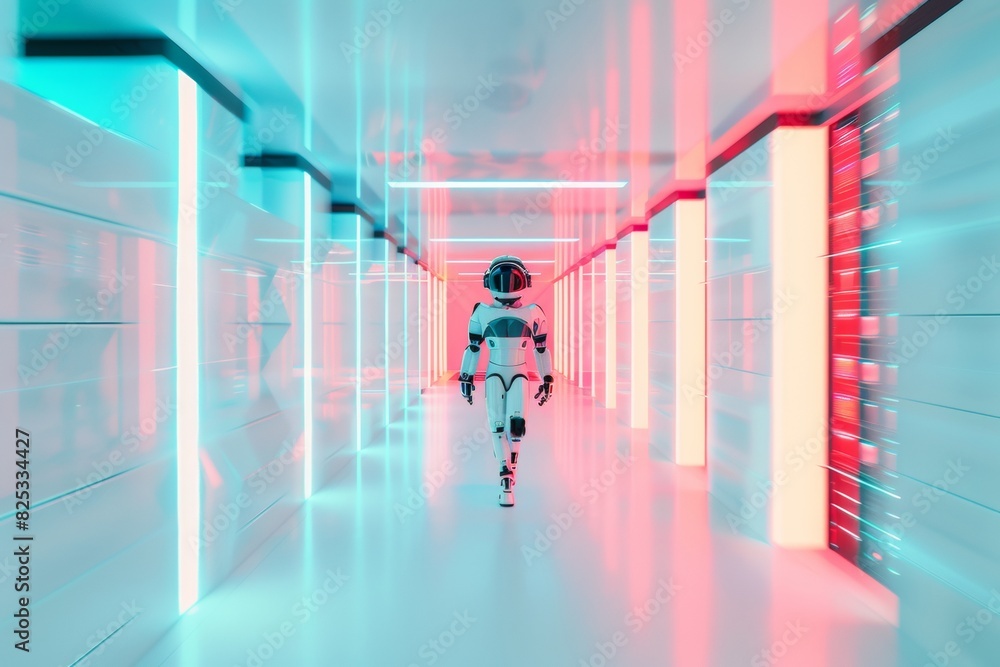 Poster futuristic robot in a vibrant white data center, symmetrical abstract photography with blurry motion