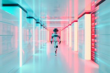 Futuristic Robot in a Vibrant White Data Center, Symmetrical Abstract Photography with Blurry Motion, Captured in High Definition