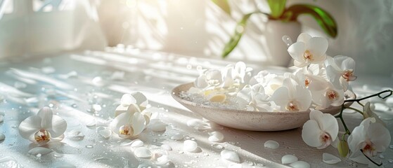 Spa beauty background, White luxury concept, Aromatherapy flowers, Zen therapy setup, Wellness massage