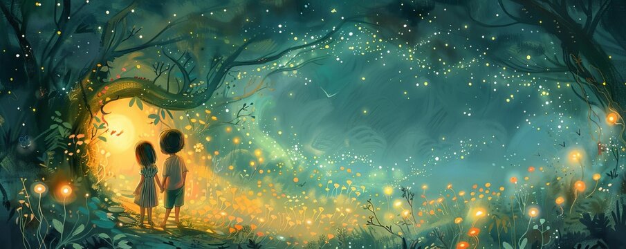 A whimsical story of children discovering a portal to another world, fairytale, illustration, soft pastels