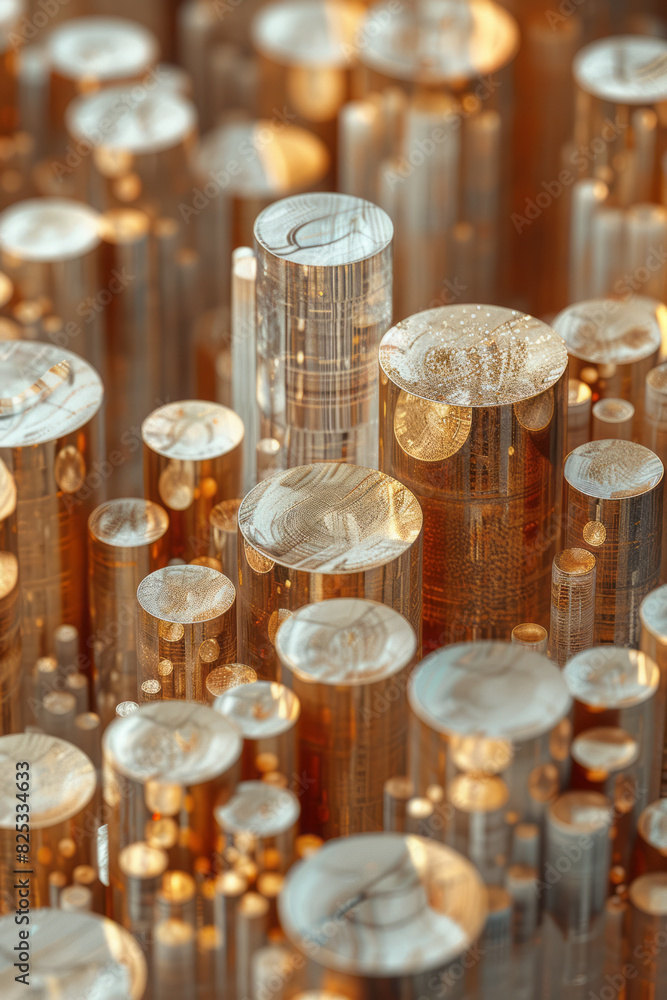 Poster abstract pattern with gold and beige cylinders arranged in an isometric perspective,