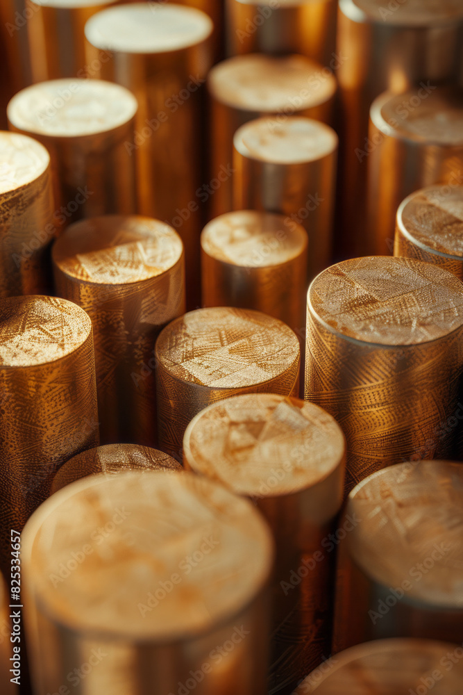 Poster abstract pattern with gold and beige cylinders arranged in an isometric perspective,