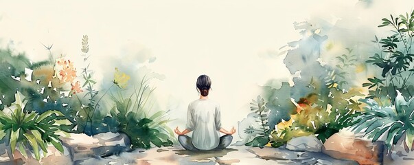 A yoga practitioner hiding in a peaceful corner of a garden, meditating, Wellness, Watercolor, Calm and soothing hues