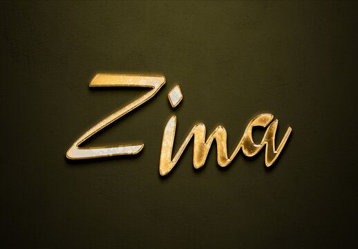 Old gold text effect of Arabic name Zina with 3D glossy style Mockup.