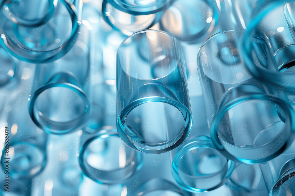 Poster abstract seamless pattern with transparent cylinders in various shades of light blue,