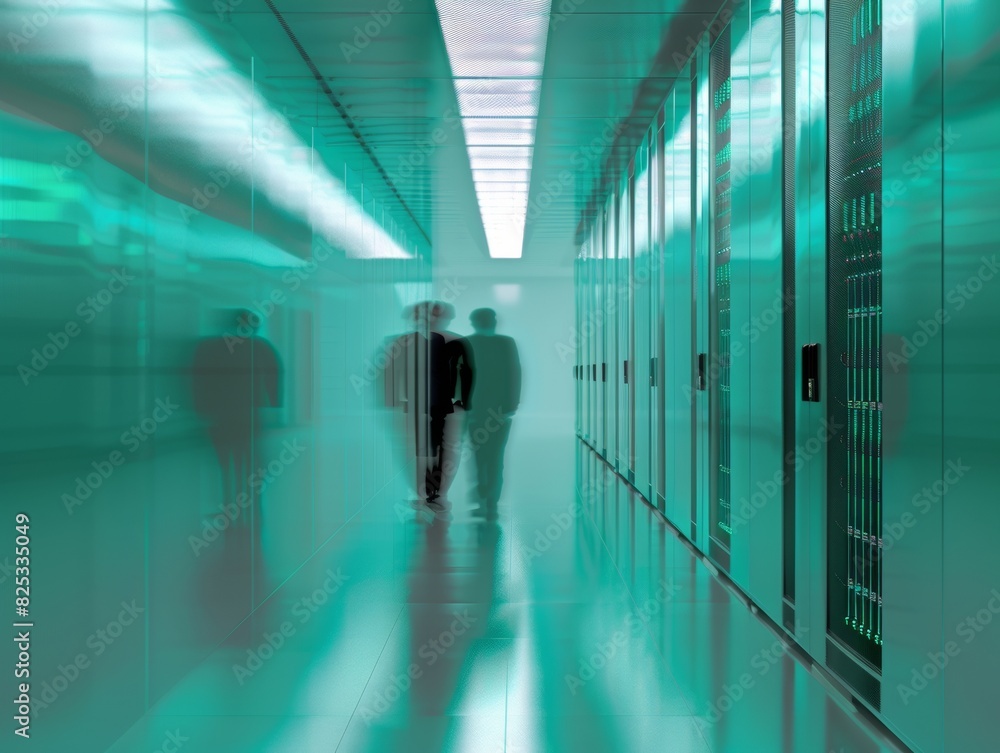 Aufkleber Abstract Blurred Vision of Technology Workers in Symmetrical Green Data Center Using Long Exposure and Wide-Angle Techniques