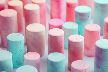 Minimalist isometric background with pastel pink and mint green cylinders,