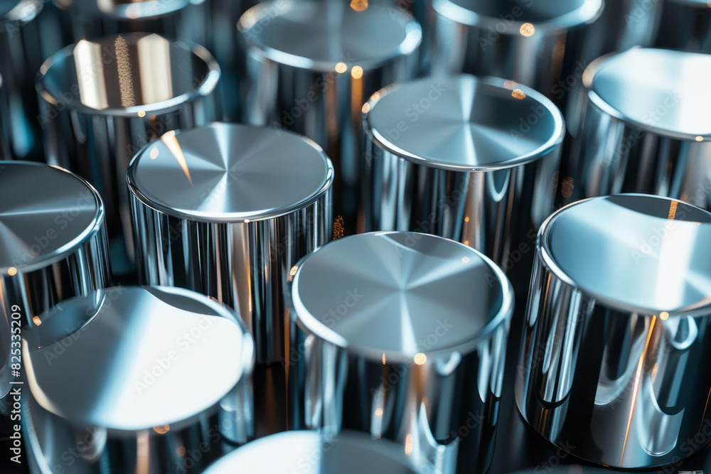 Poster abstract isometric seamless pattern of silver and chrome cylinders reflecting light,