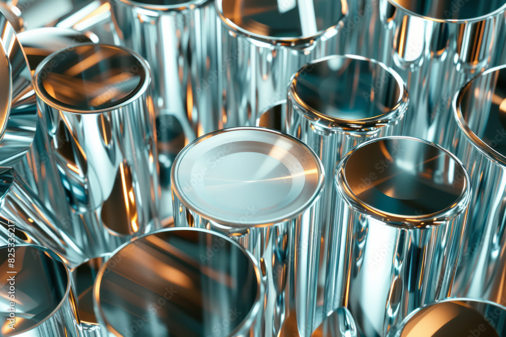 Poster abstract isometric seamless pattern of silver and chrome cylinders reflecting light,