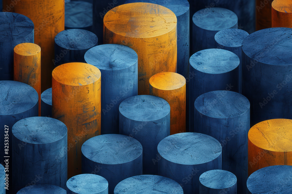 Poster minimalist isometric seamless pattern with alternating blue and yellow cylinders,