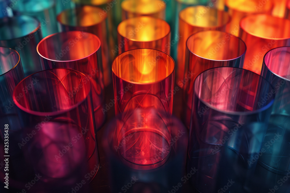 Poster abstract background of isometric cylinders in a spectrum of rainbow colors on a dark background,