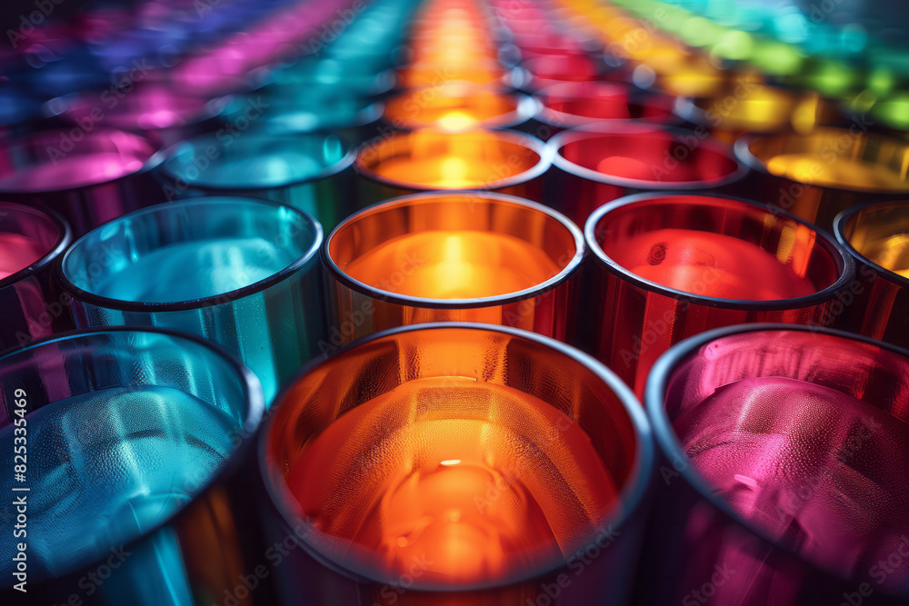 Poster abstract background of isometric cylinders in a spectrum of rainbow colors on a dark background,