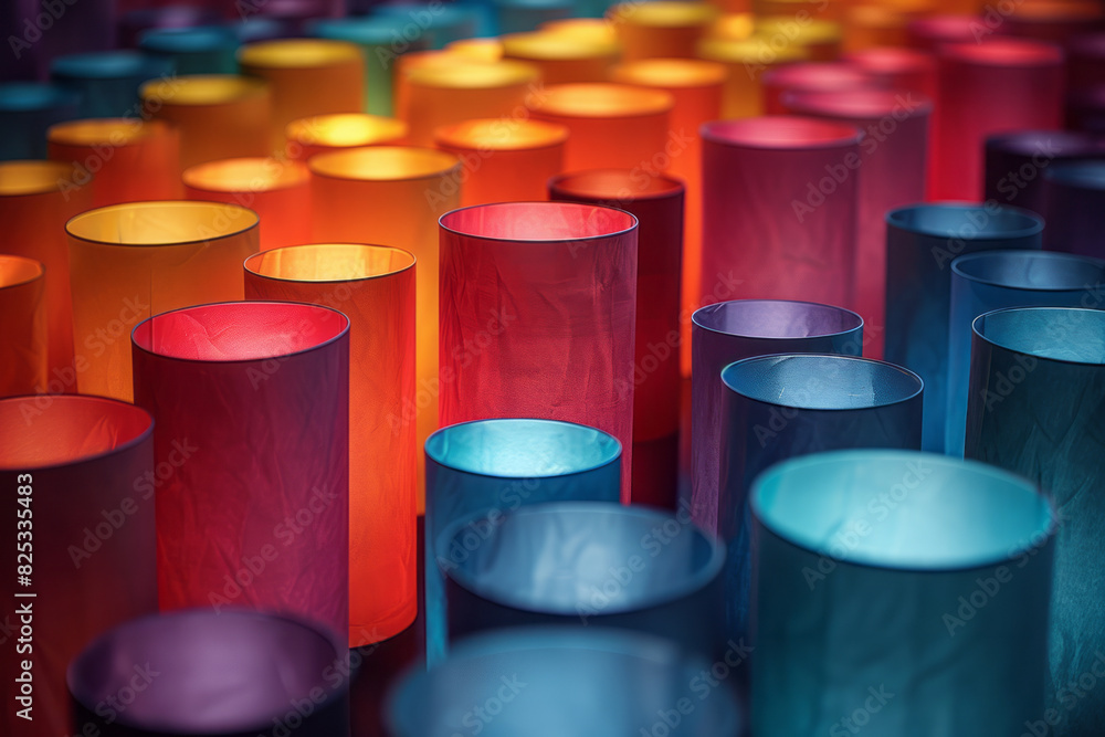 Poster abstract background of isometric cylinders in a spectrum of rainbow colors on a dark background,