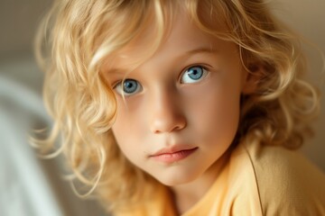 Naklejka premium Closeup portrait of a young child with beautiful blue eyes and curly blonde hair