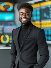Fototapeta premium Confident Black Male Cybersecurity Expert in Control Room on International Day of Internet Safety
