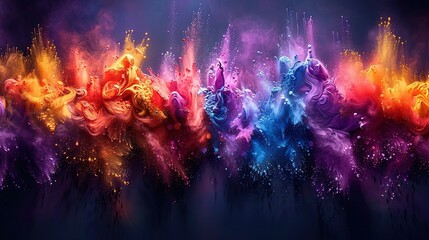   A rainbow-shaped group of colorful objects on a dark background with smoke and water streams