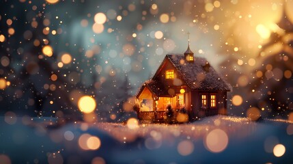 A cozy scene of a winter cabin, with a defocused backdrop of softly glowing particles