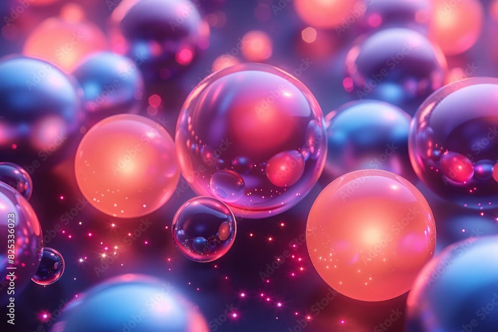 Poster Abstract isometric seamless pattern with neon-colored spheres on a dark background,