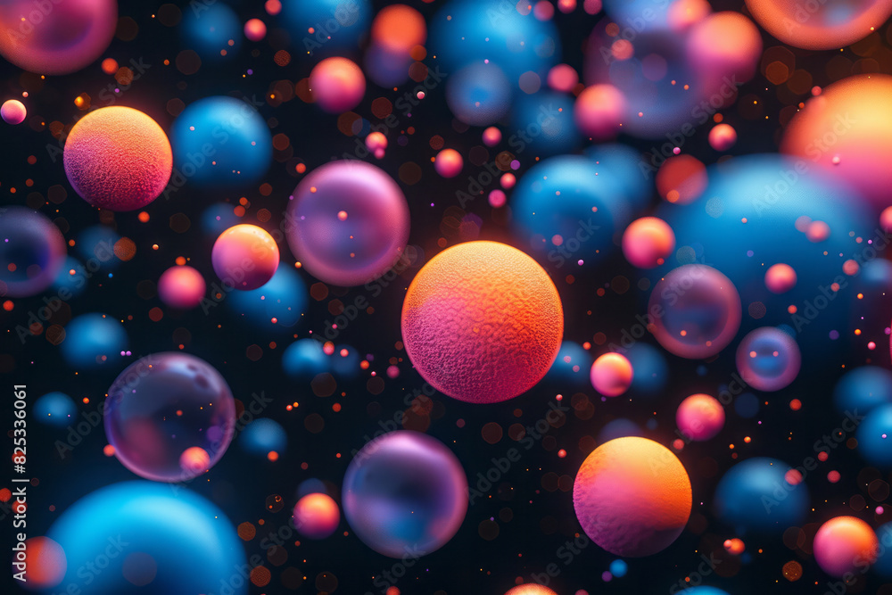 Poster abstract isometric seamless pattern with neon-colored spheres on a dark background,