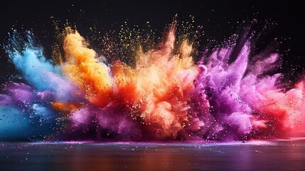   A vibrant burst of colored powders against a dark backdrop, reflecting a body of water in the foreground