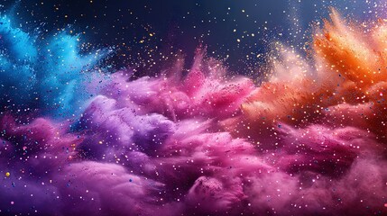  A vibrant cloud of colorful particles on a deep navy backdrop, set against a serene azure sky