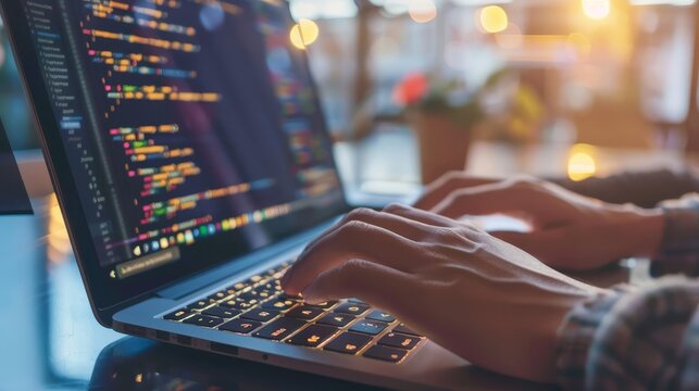 Closeup of a developers hands on a laptop keyboard, capturing the meticulous nature of coding, Scifi tone, Tetradic color scheme