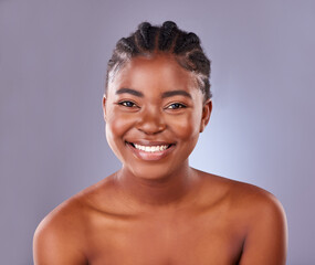 Portrait, skincare and smile of natural black woman in studio on gray background for cosmetic...