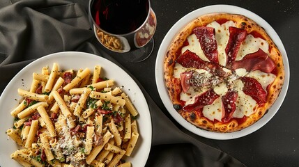   A table with a plate of pasta, a pizza, red wine, and white wine is set for a meal