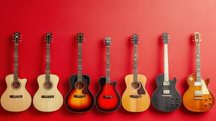 Naklejka premium A row of diverse-colored guitars aligned against a reddish backdrop