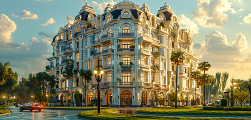 Contemporary Suburban Luxury: Elegant Residential Architecture in a Wealthy Urban Area with Curved Design Elements and Large Windows Wallpaper Digital Art Poster Brainstorming Map Magazine Background 