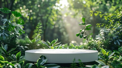 Podium in forest, White podium, Green nature background, 3D forest stand, Nature product display