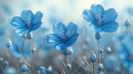   A group of vibrant blue blossoms rests majestically atop a verdant meadow, surrounded by fluffy...